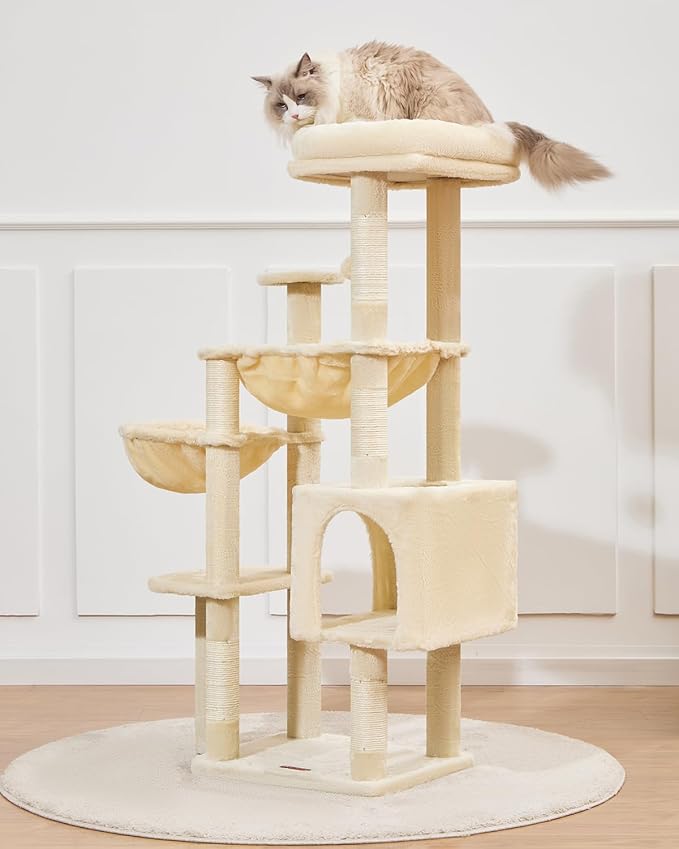 Taoqimiao Cat Tree, 51-Inch Cat Tower for Kittens, Cat Tree Tower with 5 Scratching Posts, Plush Cat Condo with Plush Perch, 2 Hammock, Pompoms, Beige MS019XL-M