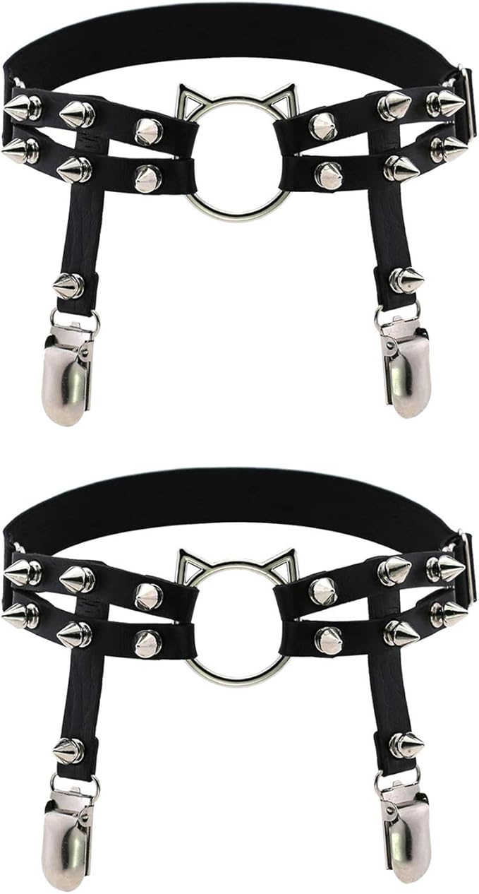 2pcs Cat Leg Garter with Clips, Elastic Adjustable Thigh Garters Belt for Women, Black/White