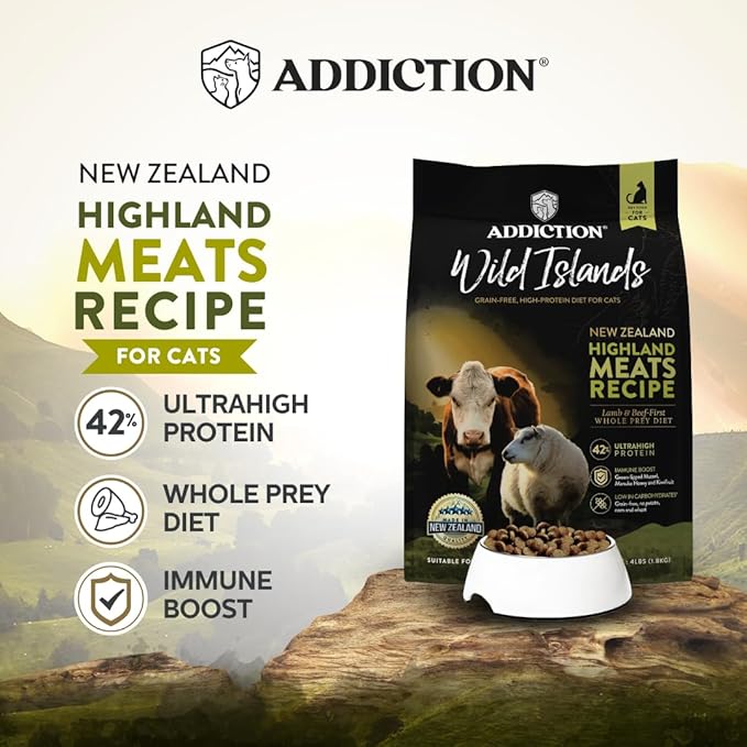 Addiction Wild Islands Highland Meats Dry Cat Food, Grass-Fed Beef & Lamb, High-Protein & Grain-Free Formula for Primal Cat Health - 10lbs