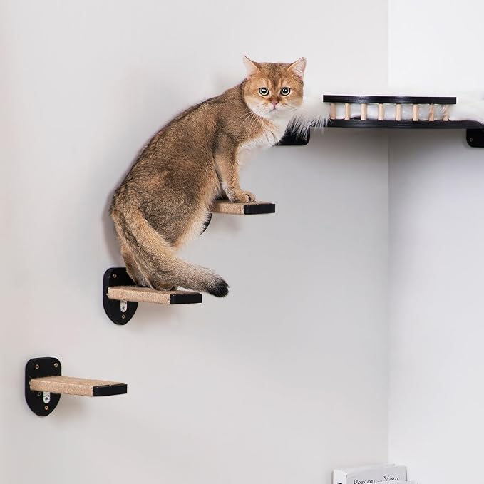 3pcs Cat Wall Steps, Cat Climbing Wall Mounted Cat Furniture, Cat Wall Shelves Cat Steps for Wall with Hemp Rope Covered, Solid Wood Cat Ladder for Cats Playing and Climbing (Standard-Black)