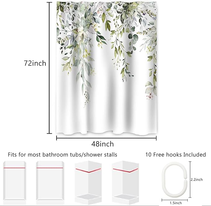 AWERT Small Stall Shower Curtain with Hooks Watercolor Plants Green Leaves 48x72 inch Half Size Shower Curtain for Bathroom/RV and Camper