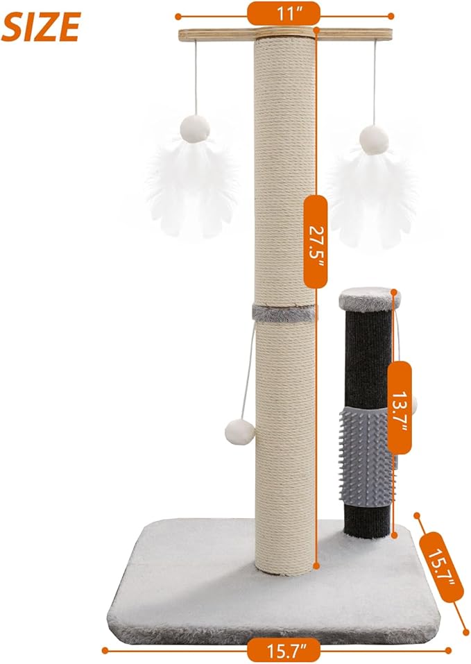 Cat Scratching Post, 29 Inch Tall Sisal Vertical Scratch Posts Cat Scratcher Scratching Deterrent with Cat Self Groomer Hair Brush and Dangling Plush Ball for Cats Small Kittens Christmas