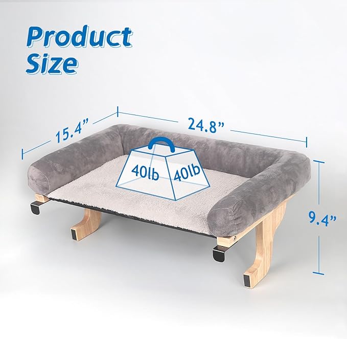 Cat Perch for Window Sill with Bolster - Orthopedic Hammock Design with Premium Hardwood & Robust Metal Frame - Cat Window Seat for Large Cats and Kittens - Nartural Color Wood with Gray Bed