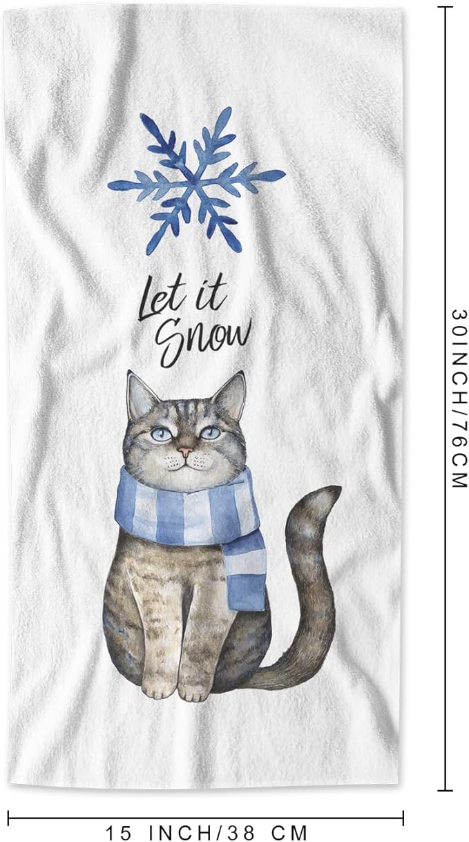 AOYEGO Gray Cat Kitchen Towel Winter Snowflake Kitten with Blue Striped Scarf Hand Towel Soft Absorbent Microfiber Towels for Hair Spa Hotel 15x30 Inch