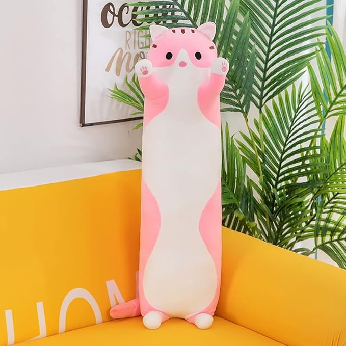 43.32in Giant Cat Pillow Plush Sleeping Pillow Cute Cartoon Cat Stuffed Animals Soft Long Body Pillow Gift for Kids Girlfriend(Pink)