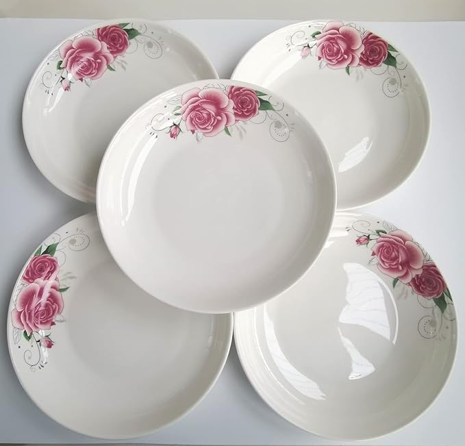 5 Pack Ceramic Plates with Rose Pattern, 7 inch Large Dessert Salad Porcelain Dinner Plates, Ceramic Dessert Dishes for Steak Pasta Pizza Appetizer (Dishwasher & Microwave Safe Plates)