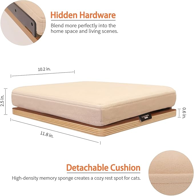 Cat Shelves Wall Mounted Cat Step with Cushion Wooden Cat Climbing Shelf Cat Wall Furniture for Sleeping and Playing 11.8"x10.2", Support to 40 LBS(Walnut)