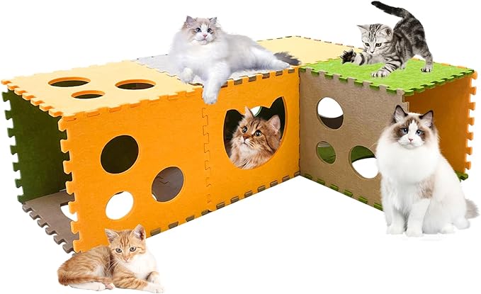 16 Pcs DIY Cat Play Tunnel, Foldable Cat Hideaway Cave Felt Cat Tunnel, Soft Felt Pet Kitten Play Tubes and Tunnels with Interactive Peek Hole, Cat Tunnel Bed for Indoor Cats