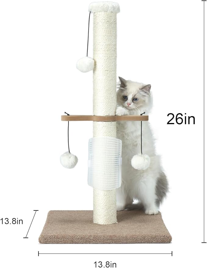PAWSFANS Cat Scratching Post Sisal Vertical Scratcher Posts for Indoor Cats and Kittens,Three Hanging Ball Toy and Self-Grooming Brush,26inches Cat Scratch Pole Beige