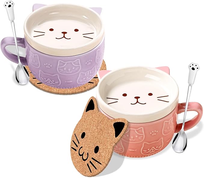 2PCS Cute Mug Kawaii cat Tea Cup Ceramic Coffee Mug with lid,Tea Cups and Saucers for Dessert Tea Mug Cute Gifts Cat lover gifts for women Anime gifts for women Christmas Gifts 10oz (Pink +Purple)