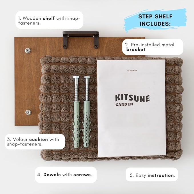 Kitsune Garden Cat Step, Cat Wall Furniture, Wall Mounted Shelf, Cat Wall Shelf, Cat Shelves, Cat Bed, Cat Shelf, Cat Steps for Wall, Brown (Step)