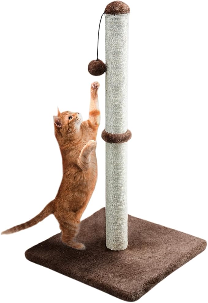 Dimaka 34" Tall Cat Scratching Post for Large Cats and Kittens, High Vertical Scratcher with Premium Natural Sisal Rope and Interactive Hanging Ball for Indoor Cats (Dark Brown, 34 inches)