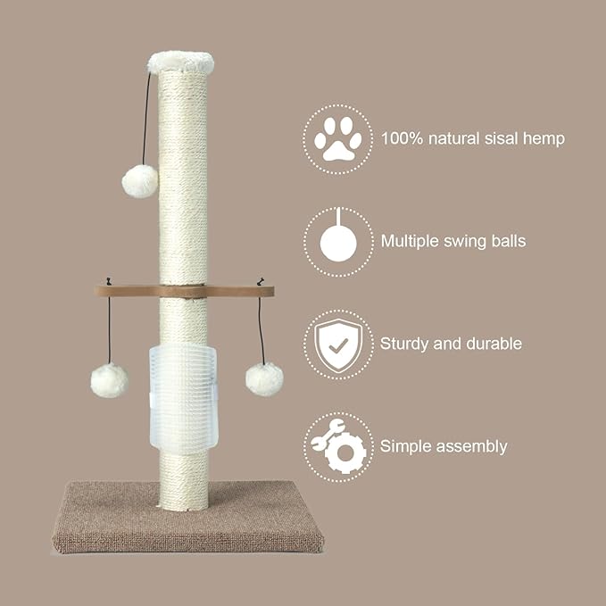 PAWSFANS Cat Scratching Post Sisal Vertical Scratcher Posts for Indoor Cats and Kittens,Three Hanging Ball Toy and Self-Grooming Brush,26inches Cat Scratch Pole Beige