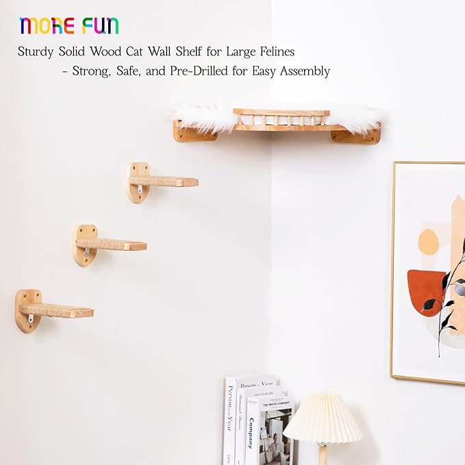 Cat Wall Shelves, Corner Cat Shelf with 3 Cat Wall Steps, Cat Shelves for Wall Large Cats Set, Cat Wall Bed with Plush Covered, Wall Mounted Cat Climbing Shelf for Indoor Cats (RubberWood)