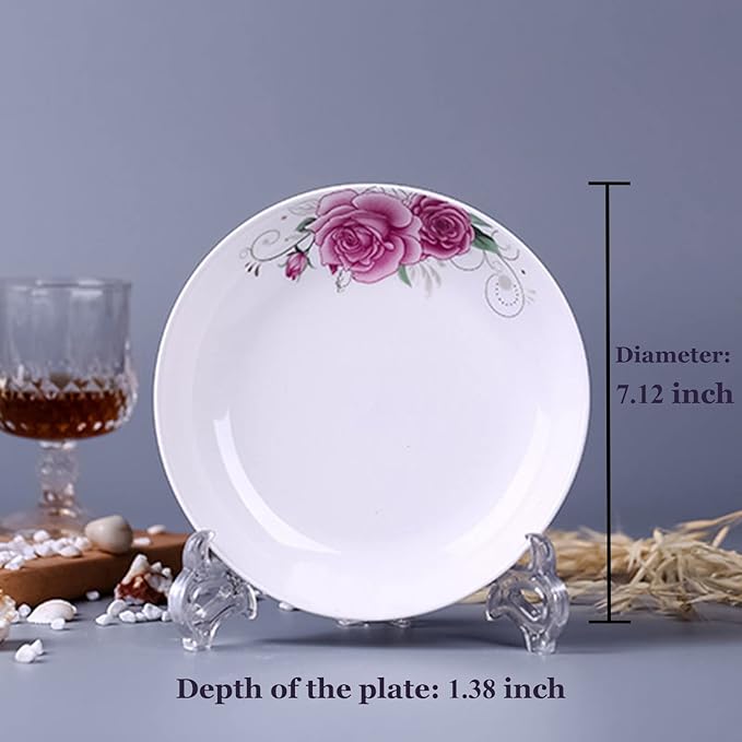 5 Pack Ceramic Plates with Rose Pattern, 7 inch Large Dessert Salad Porcelain Dinner Plates, Ceramic Dessert Dishes for Steak Pasta Pizza Appetizer (Dishwasher & Microwave Safe Plates)