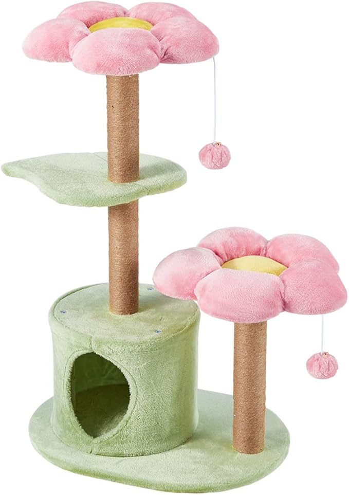 Erinnyees Flower Cat Tree, 38" Cat Tower with Scratching Post, Cute Cat Condo House with Dangling Ball for Kittens and Small Indoor Cats, Multi-Level Pet Play Climbing Stand