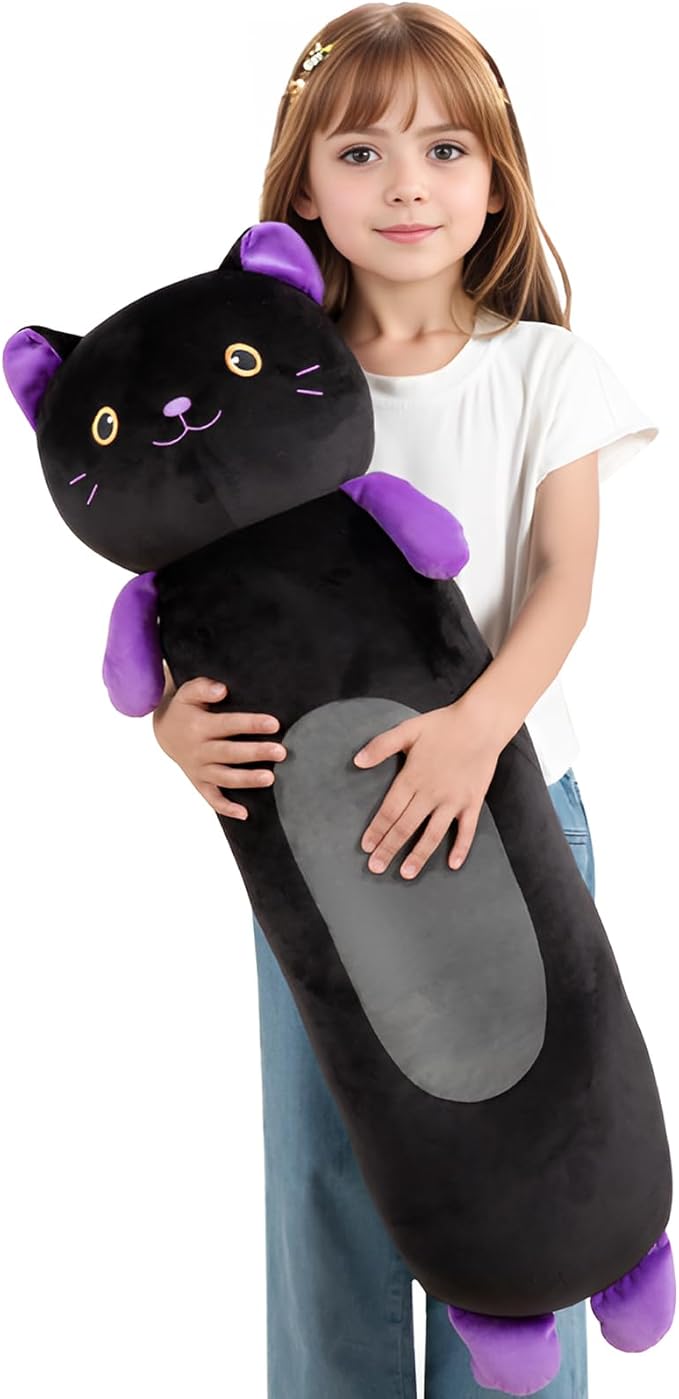 36” Long Cat Plush Body Pillow, Cute Lucky Black Cat Stuffed Animals, Kitty Squishy Soft Plushies Toy, Gifts for Kids Girls and Boys, Birthdays Easter