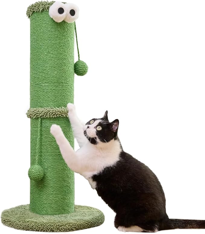 Nekosan Cat Scratching Post - 34-Inch Tall Indoor Cat Scratcher with 5.5-Inch Sisal-Wrapped Post, Hanging Ball Toy, Ideal for Large Cats and Kittens, Furniture-Friendly, Vibrant Green