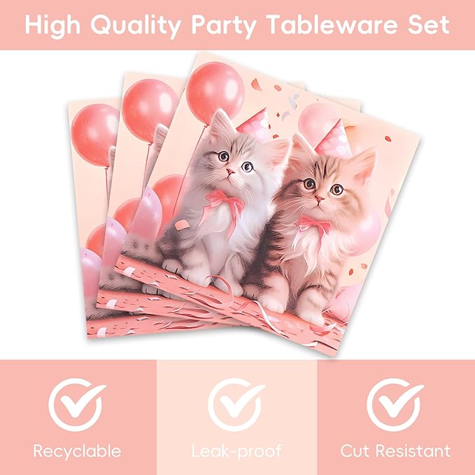48Pcs Pink Cat Happy Birthday Party Decorations Kitten Cat Birthday Baby Shower Forks Plates and Napkins Set Party Decorations for Women Party Supplies Serve 16