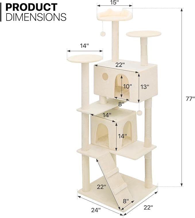 MoNiBloom Cat Tree, 77 Inch Cat Tree Tower with 2 Condo, Tall Cat Tower with Scratching Post, Cat Climbing Tower, Cat Tree for Indoor Cats, Beige