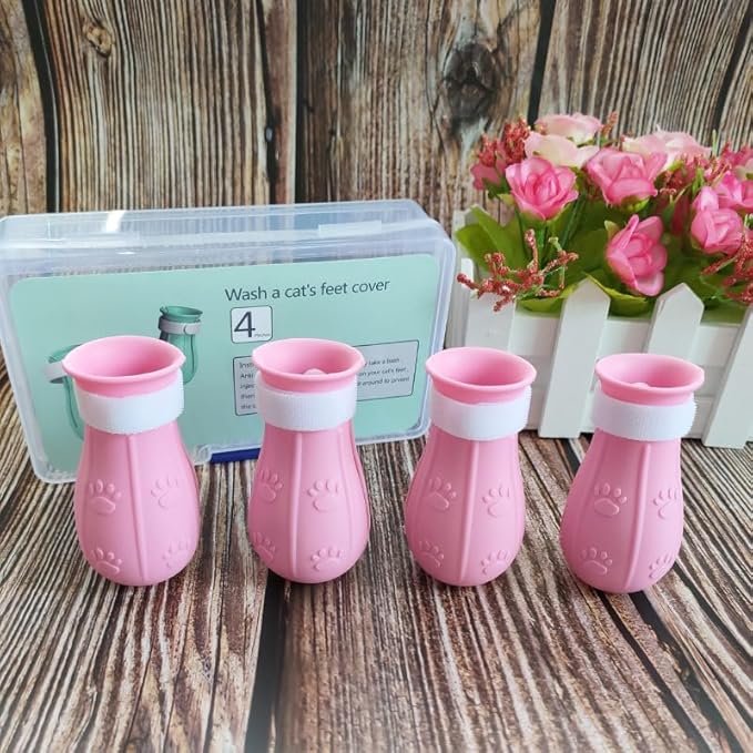 Anti-Scratch Silicone cat Shoes,Cat Claw Covers,Adjustable Multifunctional Anti-Bite Shower net Bag，Cat Grooming Mesh Bag, Pet Medical Shoes,Cat Bathing Bag (Pink)