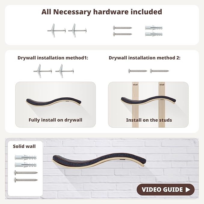 Cat Shelf with Comfortable Cat Cushion - Wave Modern Cat Bed - Minimalistic Floating Cat Wall Perch - Wooden Wall Mounted Cat Furniture for Sleeping, Playing, Climbing, and Lounging