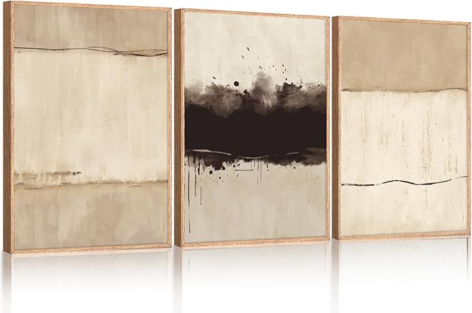 Ausril Large Neutral Textured Framed Canvas Wall Art Set, Minimalist Beige Shapes Wall Decor, Abstract Grunge Landscape Wall Painting, Modern Textured Art Prints for Living Room, Bedroom 16"x24"x3