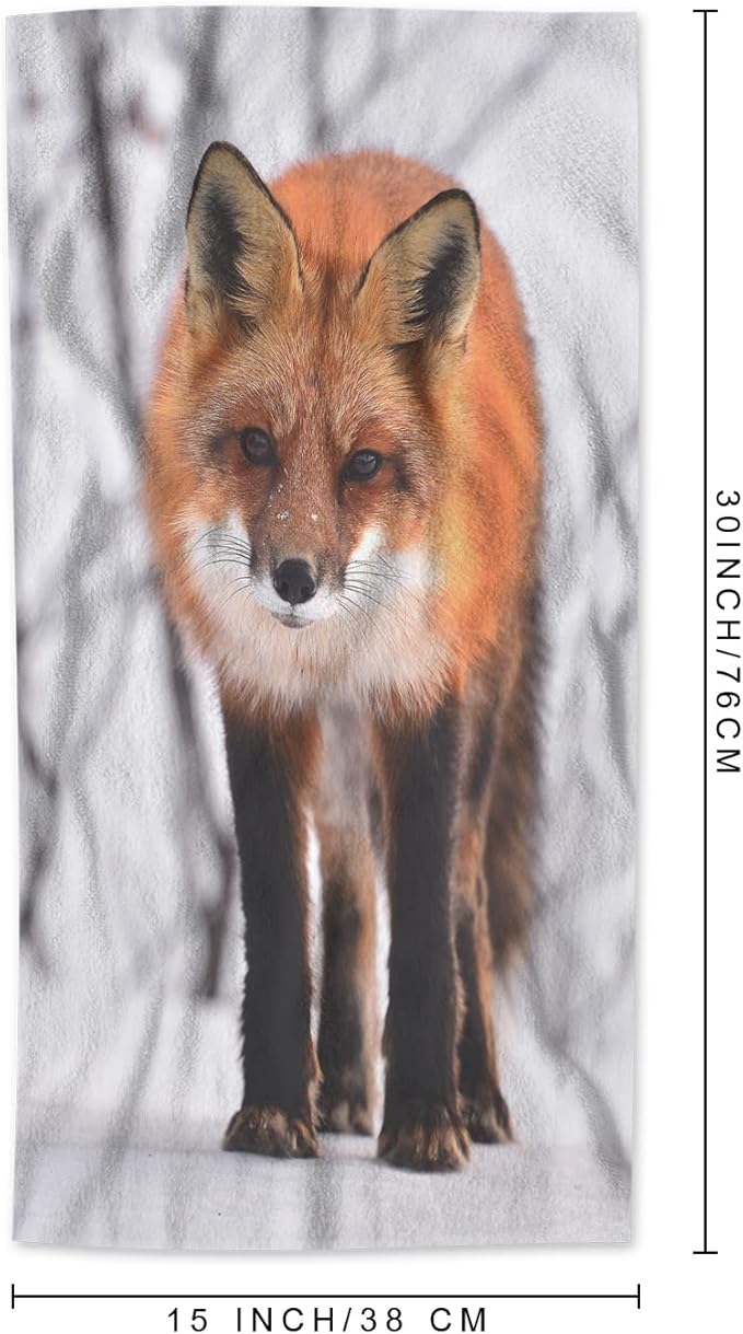 AOYEGO Red Fox Bath Towels Cute Animal Fox in Winter Snow Field Bear Tree White Snowflake Kitchen Hand Towels Bathroom Decor Soft Beach Microfiber Hair Towels 15x30 Inch