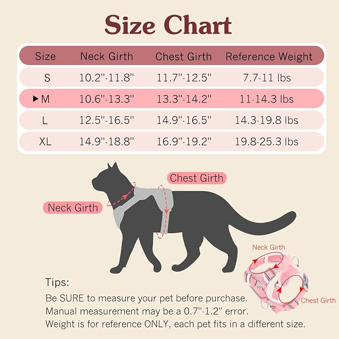 Cat Harness and Leash Set for Walking, Adjustable Kitten Vest Harness with Reflective Strip Breathable Mesh, Escape Proof Soft Pet Safety Vest for Cats, Kittens, Puppies, M, Pink
