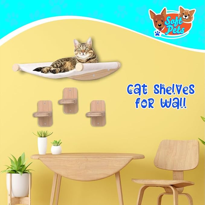 Cat Hammock Wall Mounted Cat Shelf with Three Steps - Cat Wall Shelves and Perches for Sleeping, Playing, Climbing, and Lounging - Modern Cat Bed & Furniture for Large Cats or Kitty, Natural