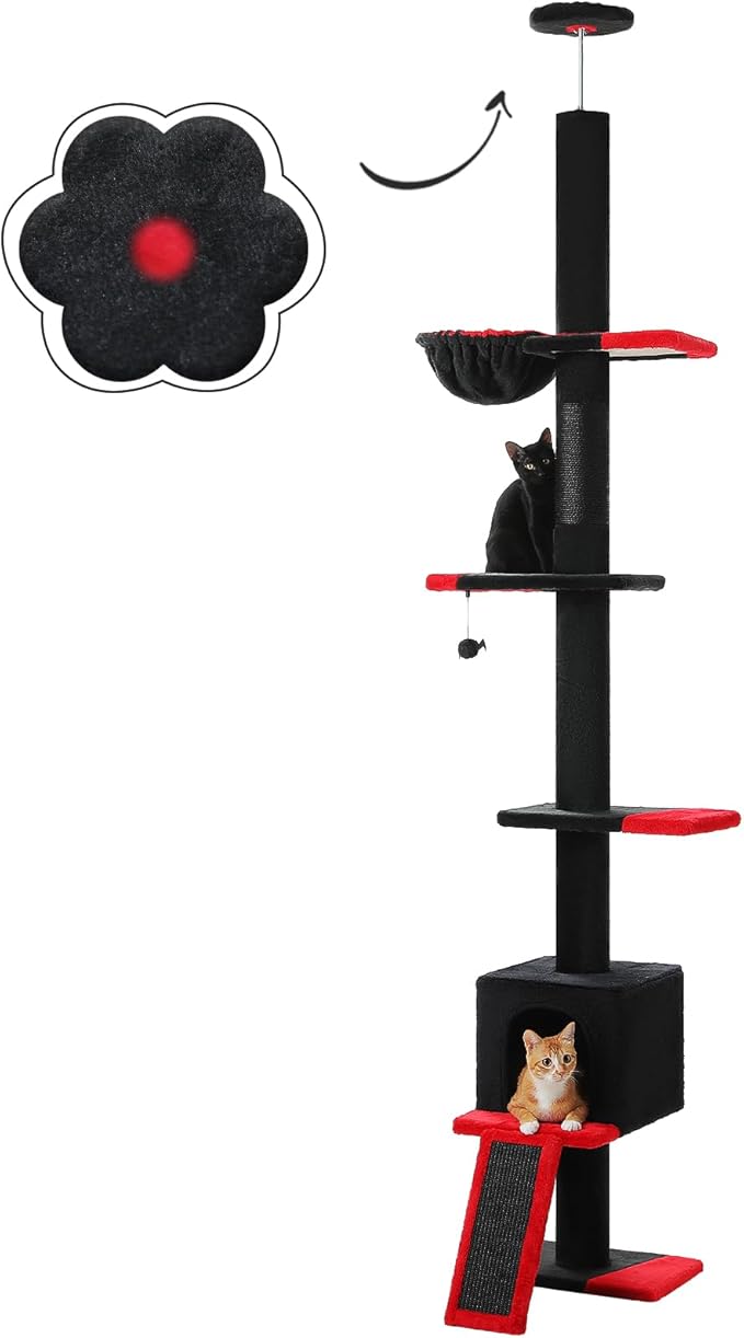 PETEPELA Floor to Ceiling Cat Tree, Gothic Cat Tower 5 Tiers Tall (83-108 Inches) Adjustable Height, Cat Climbing Tree Featuring with Cat Condo, Cat Scratching Post Cat Perches for Indoor Cats, Black