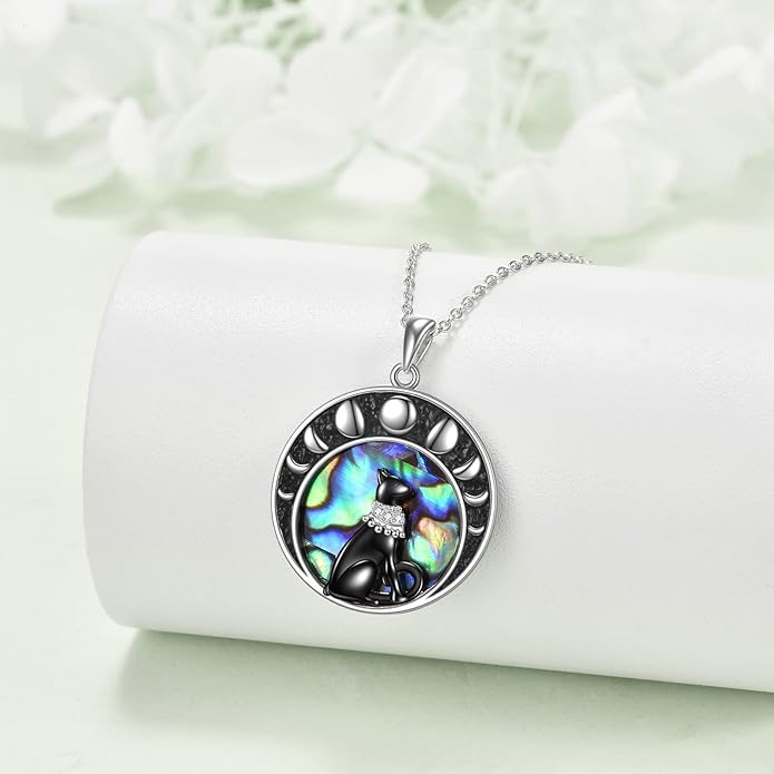 925 Sterling Silver Moon Black Cat Necklace for Women - Tree of Life Jewelry with Abalone Stone - Cat Lover Birthday Gift