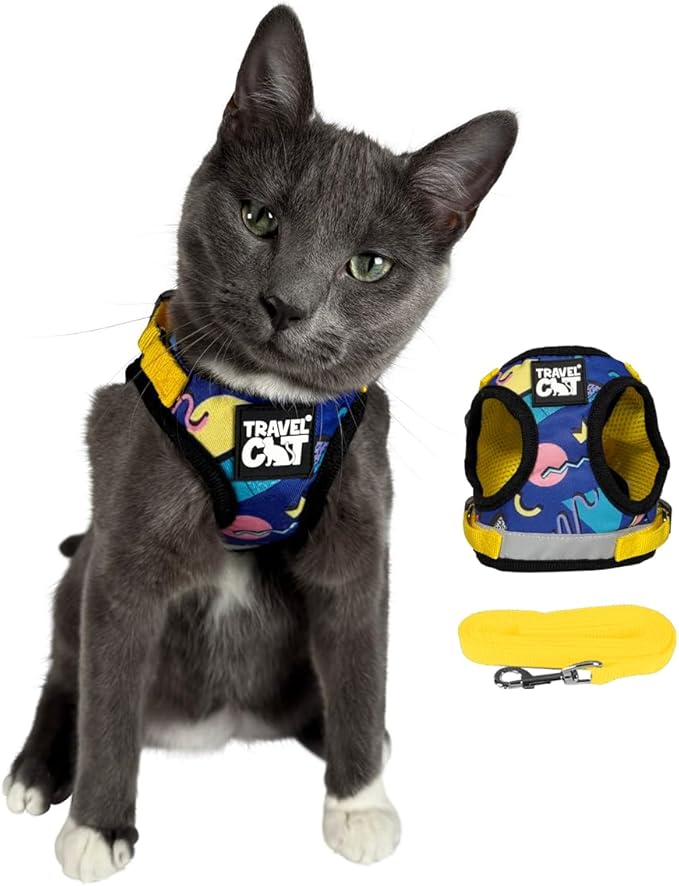 Travel Cat Harness and Leash Set - Adjustable Fit Mesh Cat Harness and Reflective Strap - Comfort Escape Proof Harness for Cats, Kitten for Outdoor Walking, Hiking (Small, 90s Cat)