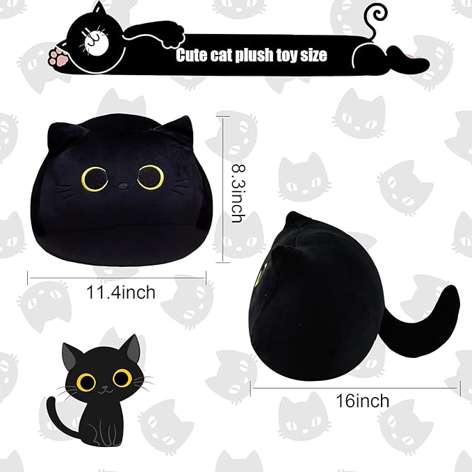 16'' Black Cat Plush Toys, Cute Cat Pillow Soft Baby Plushies for Kids, Cat Stuffed Animals Kawaii Plush Toys Gift for Boys Girls (Black, 16 Inch)