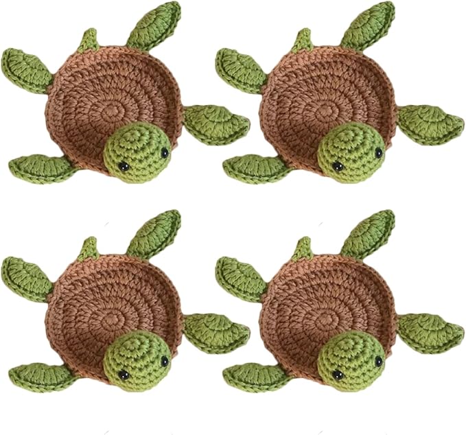 4 Pcs Crochet Tortoise Coasters for Drinks, Funny Handmade Woven Coaster Set, Cute Turtle Shaped Mug Cup Mat Table Desk Decoration
