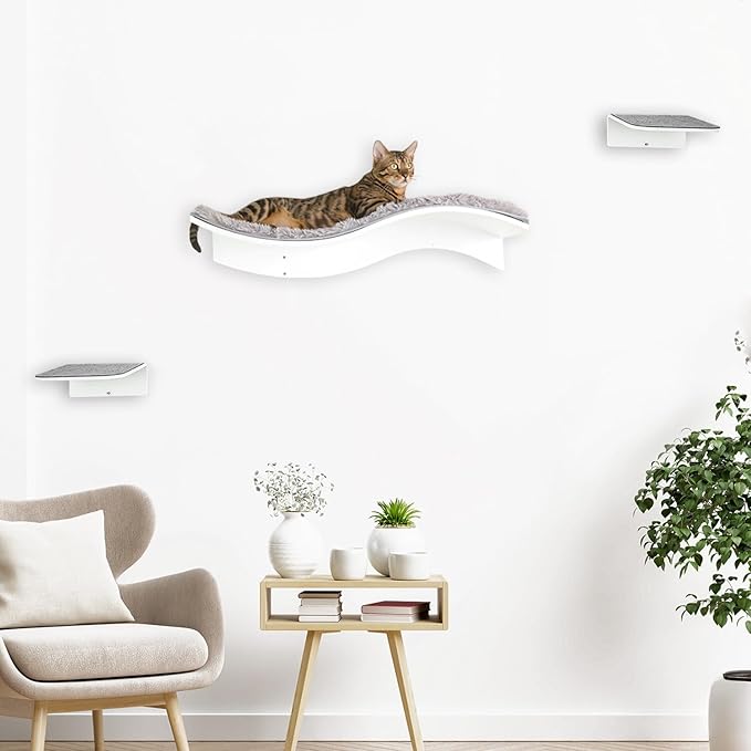 Cat Shelf Wall Mounted Floating Cat Shelf Bed Furniture Climbing Wall for Cat Perching Sleeping Lounging with 2 Steps (Waved)