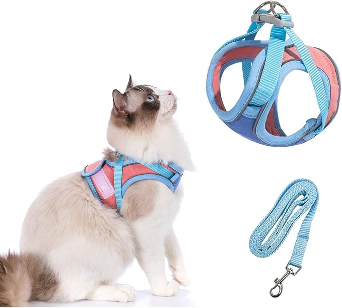 TOTORO Cat Harness and Leash for Walking Escape Proof ，Adjustable Comfortable Suedette Vest Harnesses for Cats，Reflective Strips Easy to Put on Step-in Velcro Jacket (L, Blue)