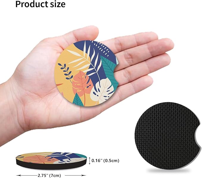 2pcs Car Cup Holder Coasters, Universal Auto Anti Slip Coasters, Tropical Leaves Design Rubber Car Coasters with A Finger Groove, Cute Car Accessories for Women&Men