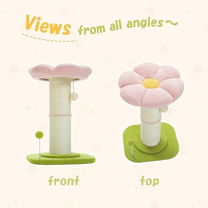 PEQULTI Flower Cat Scratching Post, Small Cat Tree, Tall Cat Scratcher for Indoor Cats with Super Thick Scratching Post [Dia=5.5''], Removable Flower Cat Bed, Cat Scratch Post with Spring Ball, Pink