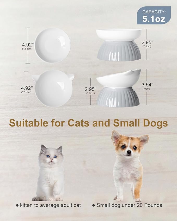 2 Ceramic Raised Cat Food Bowls, Elevated Cat Food and Water Bowl Set, Pet Bowl for Indoor Cats and Small Dogs, Anti-Vomiting Cat Dog Feeder with Plastic Base, Dishwasher Safe, Grey…