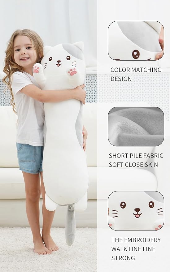 36" Cat Stuffed Animal, Soft Long Pillow Doll Cute Cartoon Kitten Plush Body Pillow Plushies Toy Gift for Kids, Girls, Birthdays, Easter