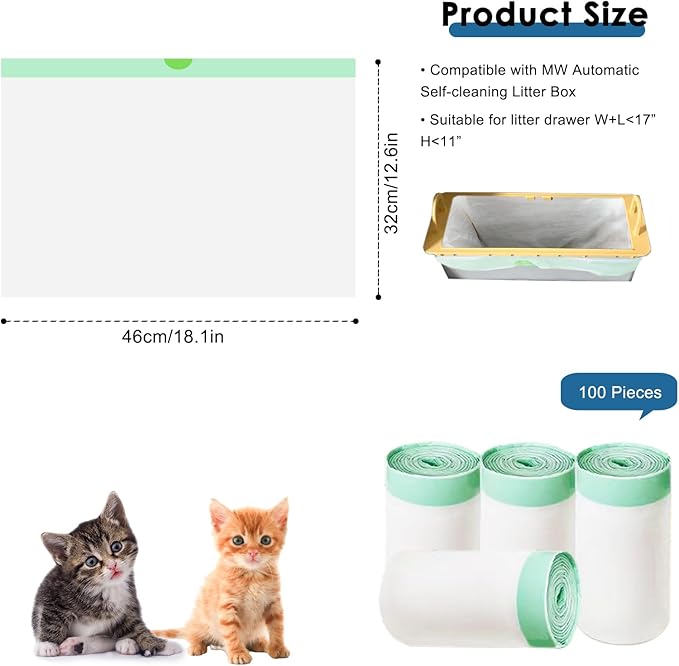 100 Count Cat Litter Liner Bags Compatible with MW-SC01/MW-SC02/MW-LR01 Self-Cleaning Automatic Cat Litter Box, Thick Heavy Duty Drawstring Replacement Waste Drawer Liners-18" x 12.6"