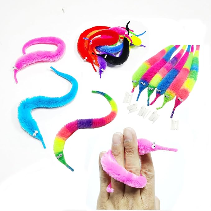 100 Pieces Fuzzy Worm Toys Fluffy Toy Worms Rainbow Worms on String Bulk Trick Toys Carnival Party Favors for Kid Cat