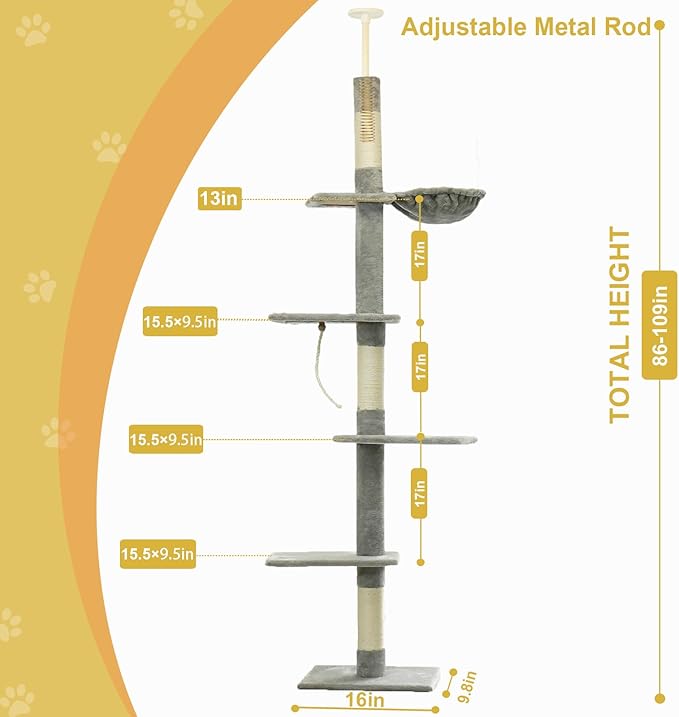 Floor to Ceiling Cat Tree, 5-Tier Height (86-109 inches) - Adjustable Cat Climbing Tower with Sisal Scratching Posts, Hammock, Platforms, and Hanging Balls