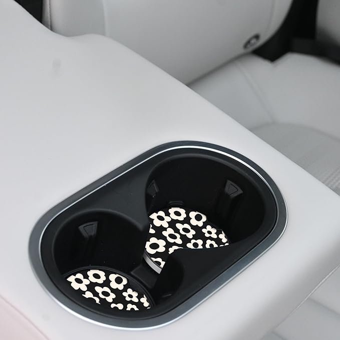 Absorbent Car Coasters 2 Pack for Cup Holders, 2.56" Ceramic Stone & Non-Scratch Cork Base Drink Coasters(White Flower)