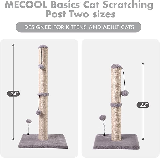 MECOOL 34“ Tall Cat Scratching Post Premium Basics Kitten Scratcher Sisal Scratch Posts Trees with Hanging Ball for Indoor Cats (34 inches for Adult Cats, Gray)