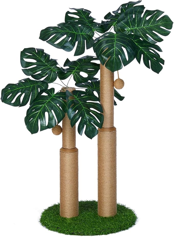 29.7inch Cat Scratching Post,Cat Scratcher Cat Tree with 2 Sisal Scratching Poles & 2 Interactive Dangling Balls,Cats Scratching Posts for Indoor Kitten & Adult Cats (2 Posts Monstera Tree)