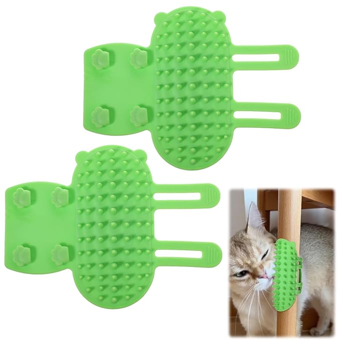 2PCS Cat Self Groomer Brush, Adjustable Cat Face Scratcher Silicone Cat Combs Cat Massager for Climbing Frames Table Legs Long and Short-Haired Kitten Cats(Green)
