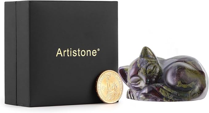 2" Sleeping Cat Statue Dragon Blood Healing Crystals Hand Carved Cute Kitten Figurine, Worry Stone for Anxiety Relif Home Desk Decor Animal Figurine