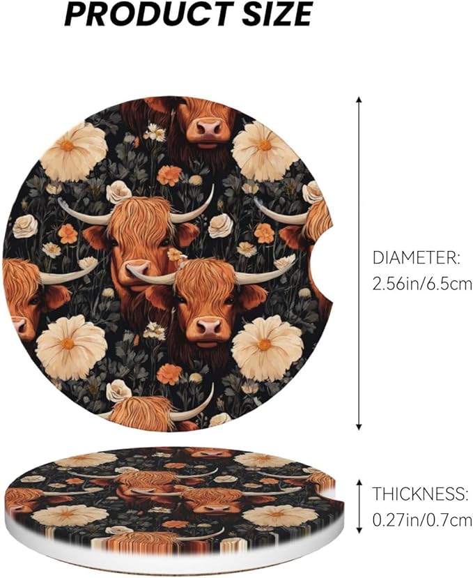 Absorbent Ceramic Car Coasters for Cup Holders, Yak Highland Cow Flower Design 2.56" Anti Slip Universal Drink Cup Coasters for Women Men (2 Pack)